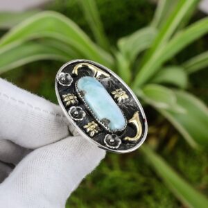 Handmade Larimar Ring: 925 Sterling Silver, 18K Gold Plated, Adjustable Handmade Larimar Ring: 925 Sterling Silver, 18K Gold Plated, Adjustable