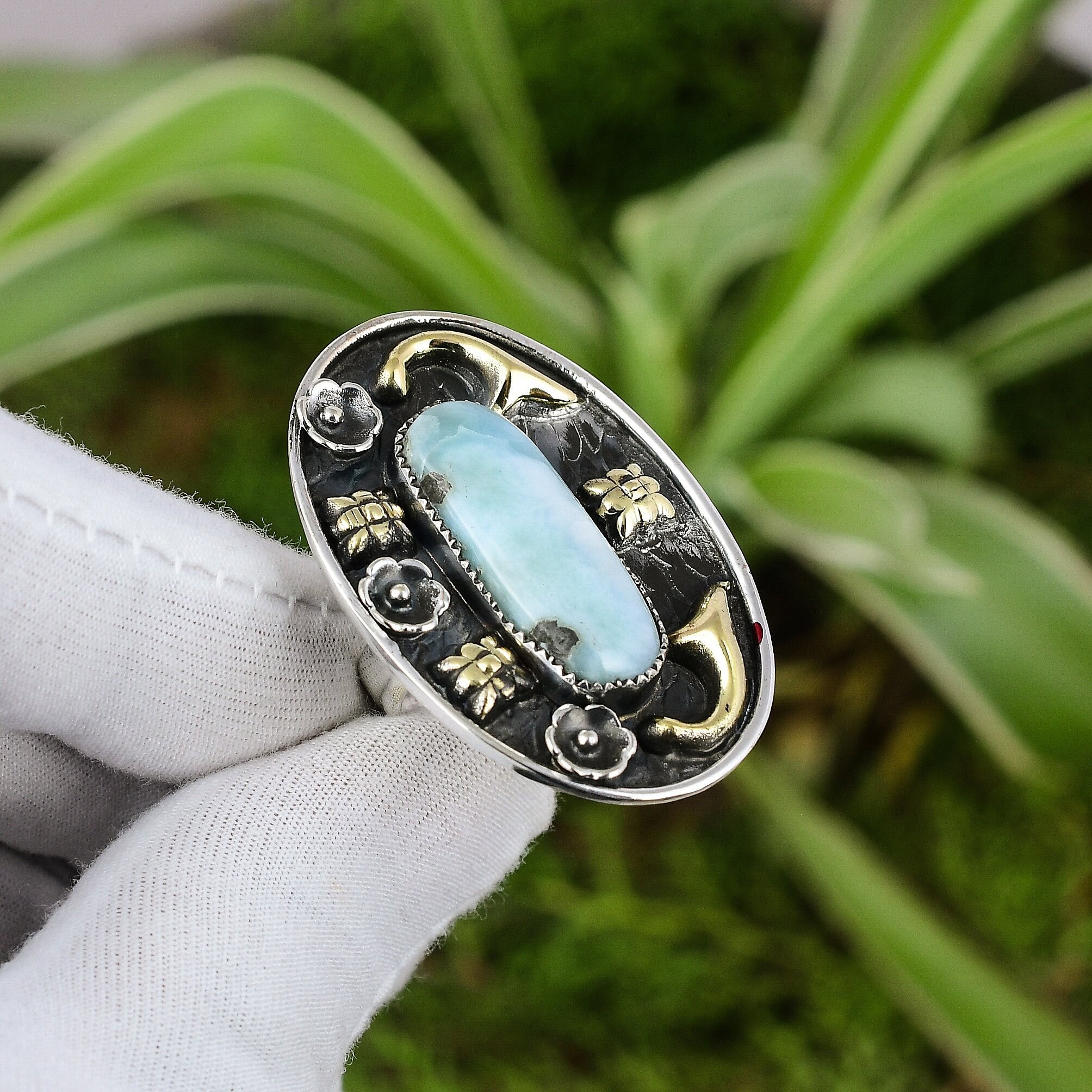 Handmade Larimar Ring: 925 Sterling Silver, 18k Gold Plated, Adjustable Handmade Larimar Ring: 925 Sterling Silver, 18k Gold Plated, Adjustable