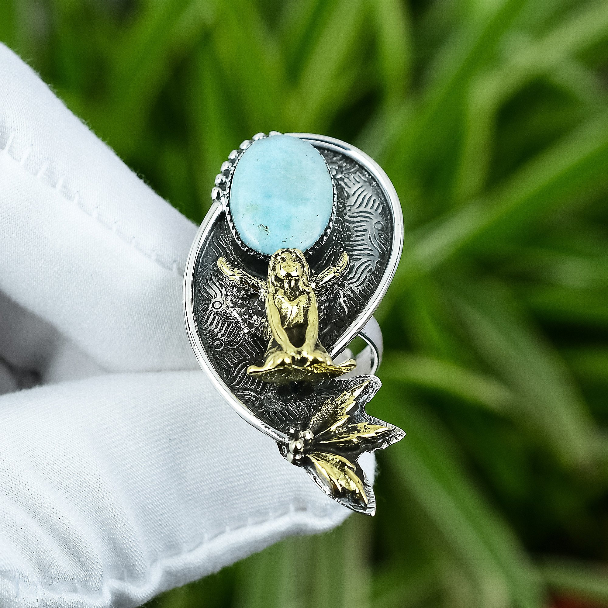 Handmade Larimar Ring: 925 Sterling Silver, 18k Gold Plated, Adjustable Handmade Larimar Ring: 925 Sterling Silver, 18k Gold Plated, Adjustable