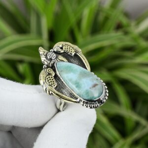 Handmade Larimar Ring: 925 Sterling Silver, 18K Gold Plated, Adjustable Handmade Larimar Ring: 925 Sterling Silver, 18K Gold Plated, Adjustable