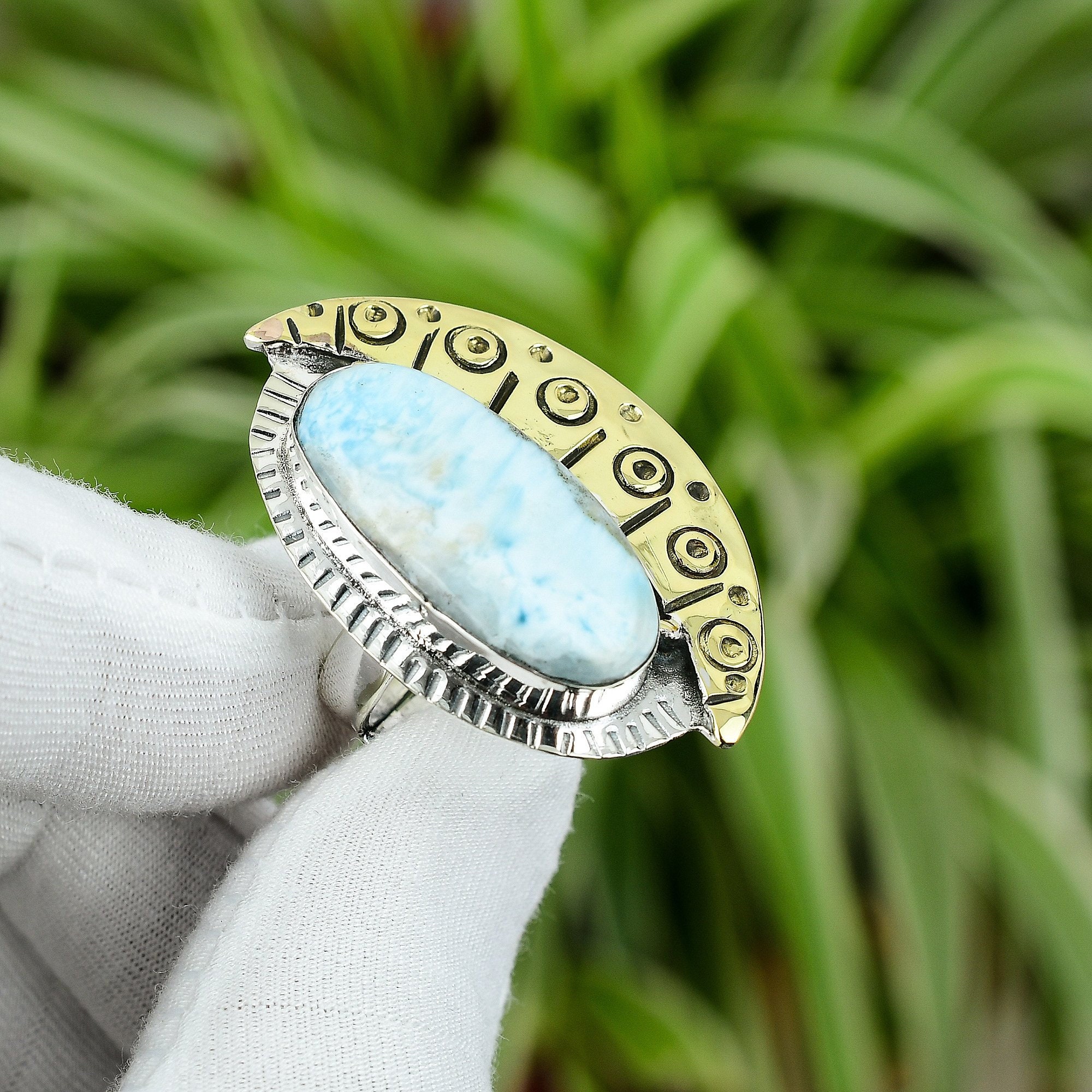 Handmade Larimar Ring: 925 Sterling Silver, 18k Gold Plated, Adjustable