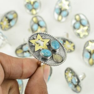 Handmade Larimar Ring: 925 Sterling Silver, 18K Gold Plated Handmade Larimar Ring: 925 Sterling Silver, 18K Gold Plated