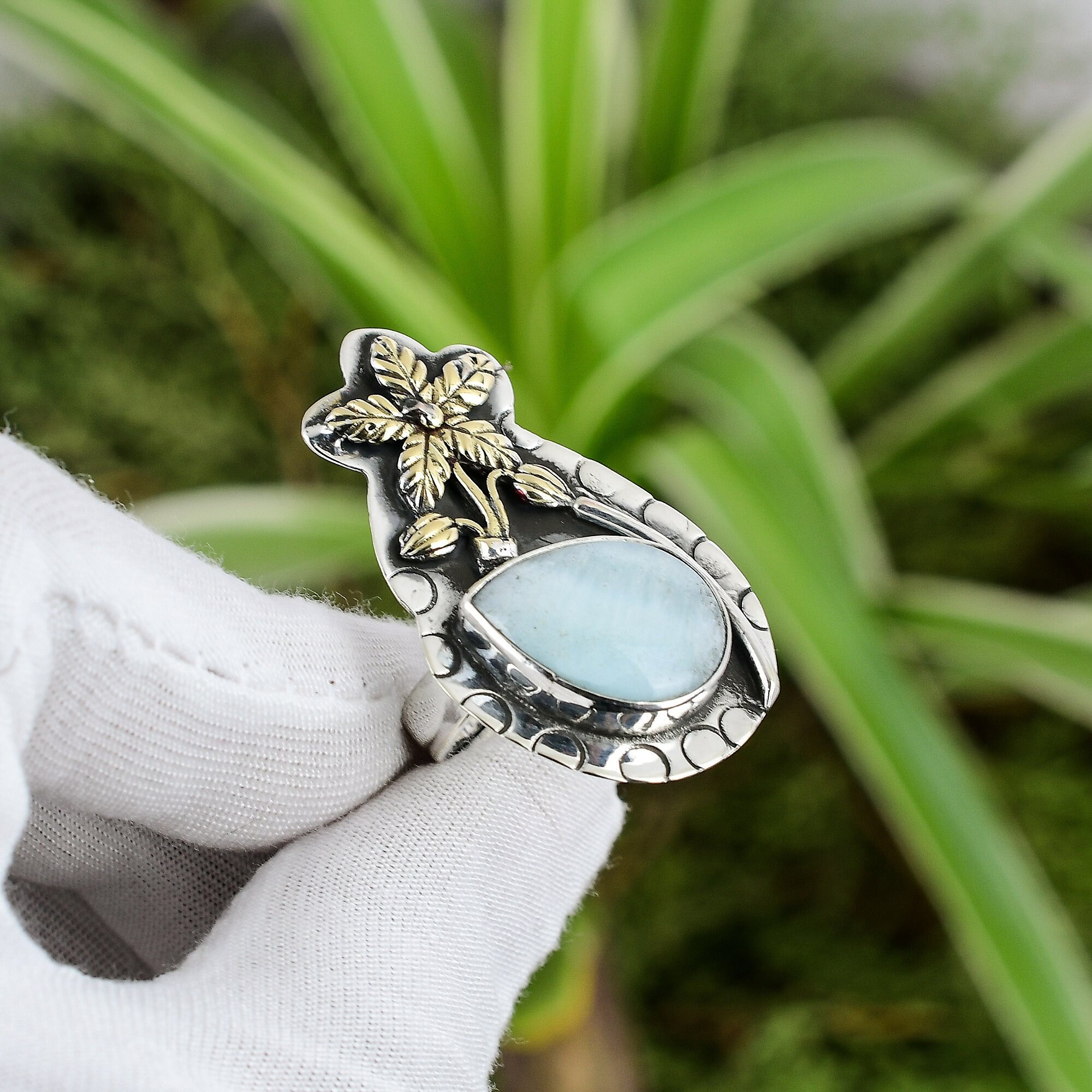 Handmade Larimar Ring: 925 Sterling Silver, 18k Gold Plated, Adjustable