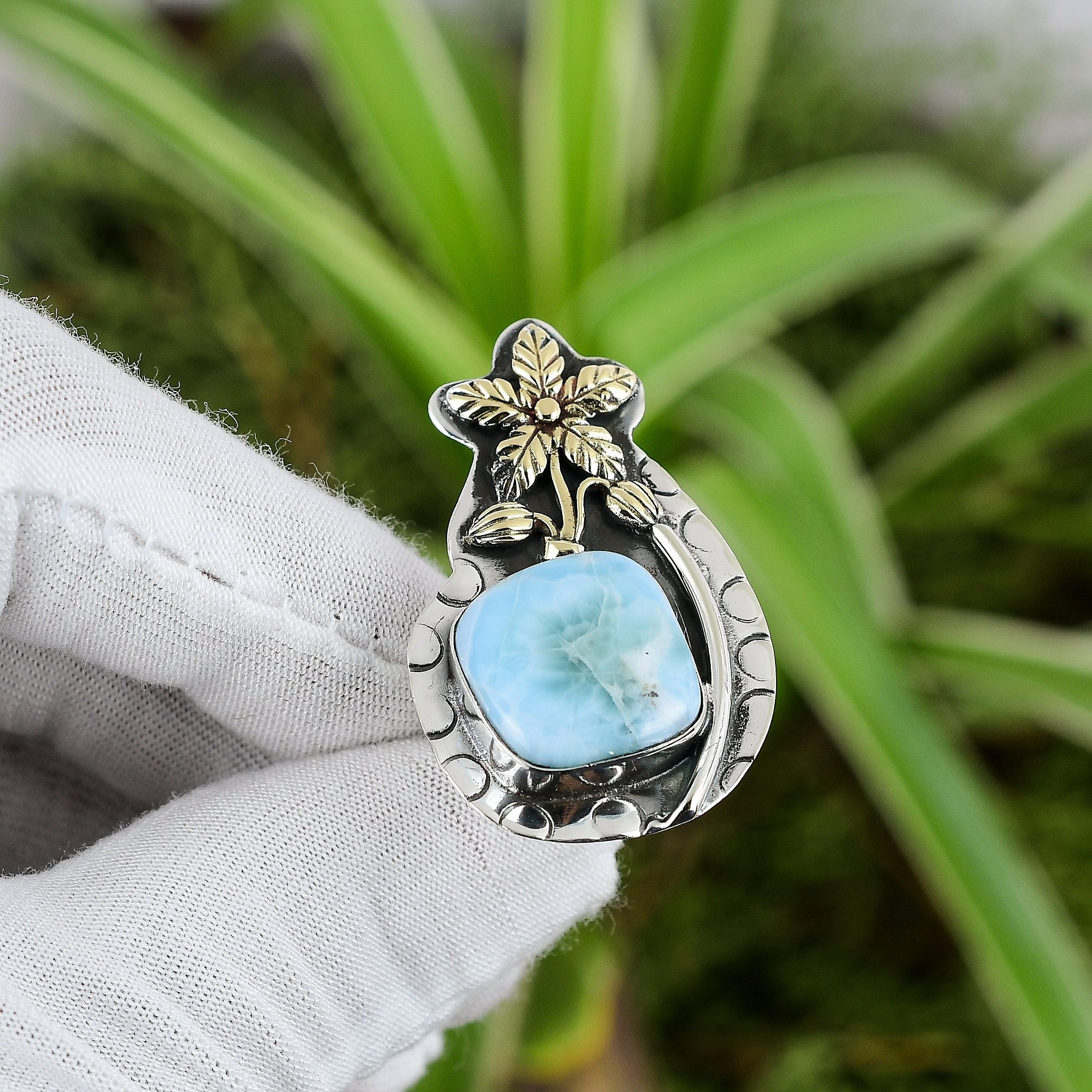 Handmade Larimar Ring: 925 Sterling Silver, 18k Gold Flower, Adjustable Handmade Larimar Ring: 925 Sterling Silver, 18k Gold Flower, Adjustable