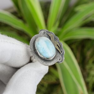 Handmade Larimar Ring: 925 Sterling Silver, Adjustable, 18K Gold Plated Handmade Larimar Ring: 925 Sterling Silver, Adjustable, 18K Gold Plated
