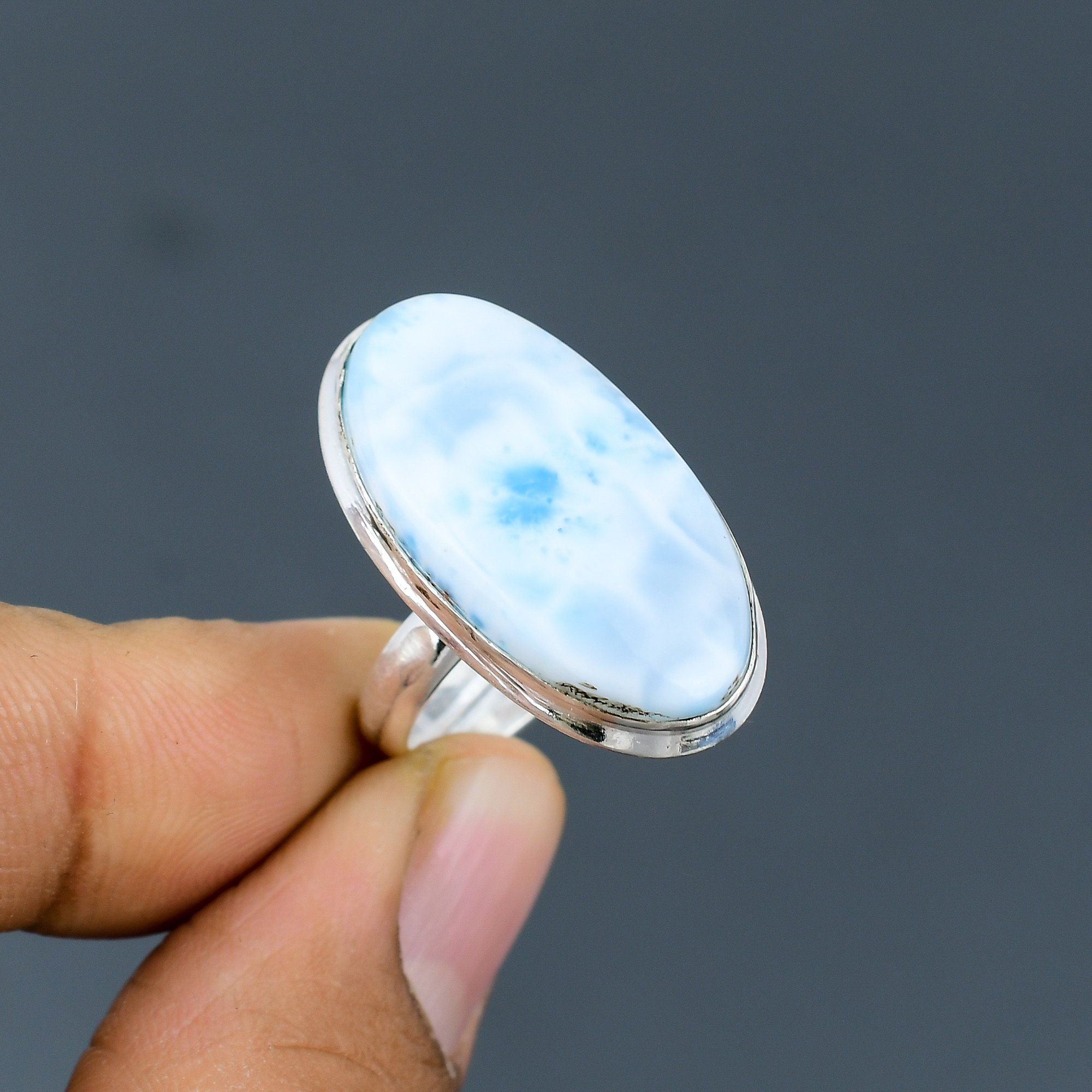 Handmade Larimar Ring: Oval Gemstone, Adjustable Sterling Silver
