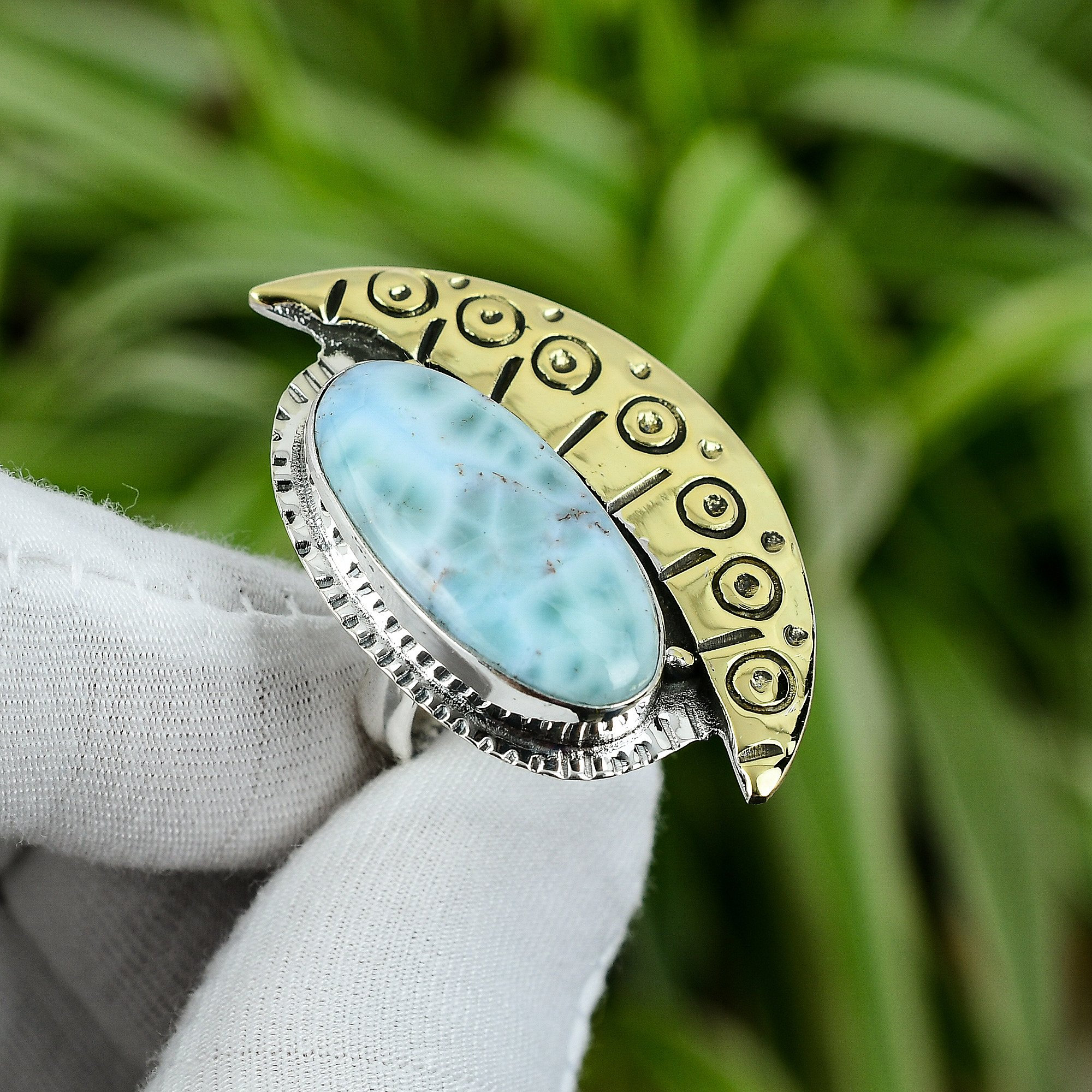Handmade Larimar Ring: Oval Gemstone, 925 Sterling Silver, Adjustable