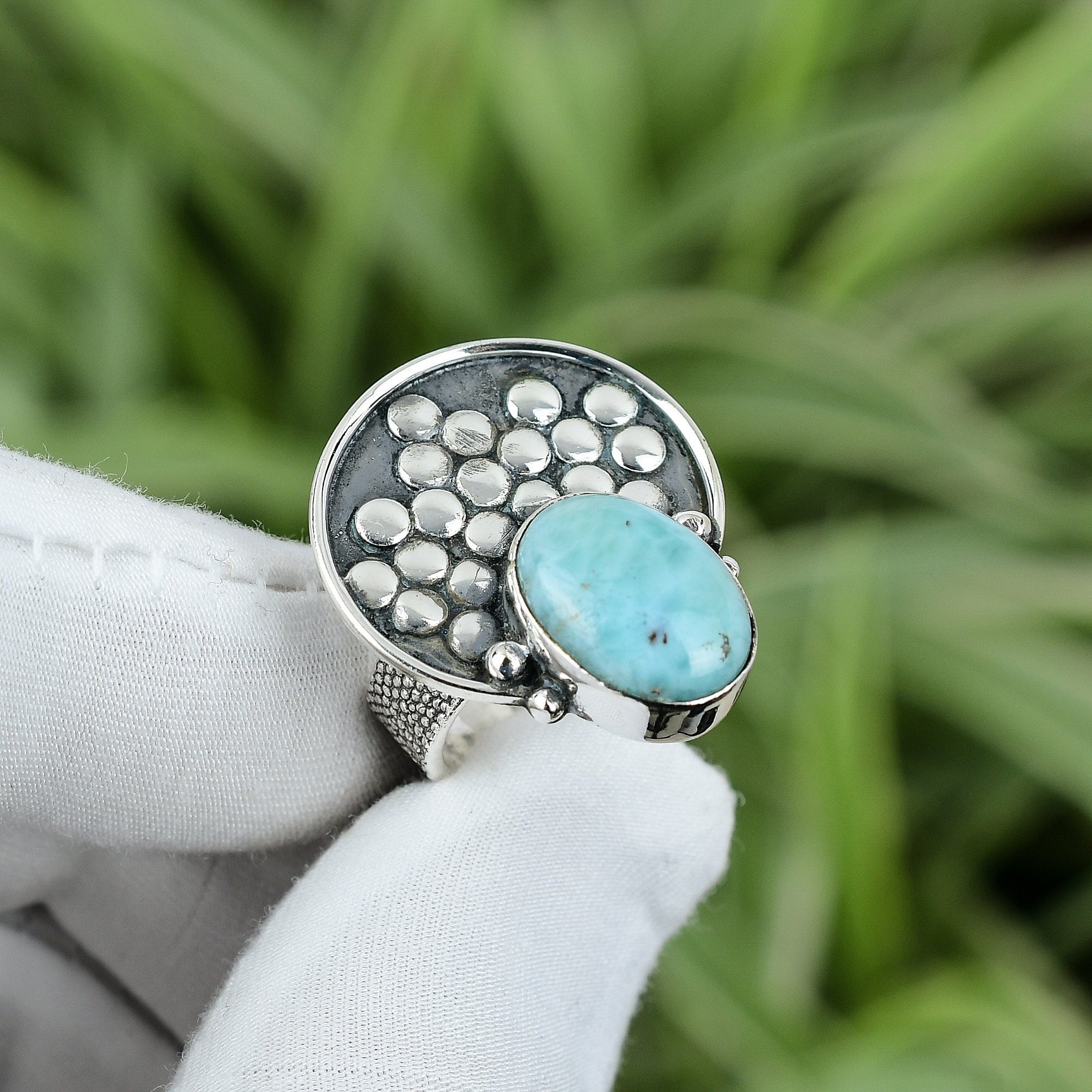 Handmade Larimar Ring: Oval Gemstone, 925 Sterling Silver, Size 6.25