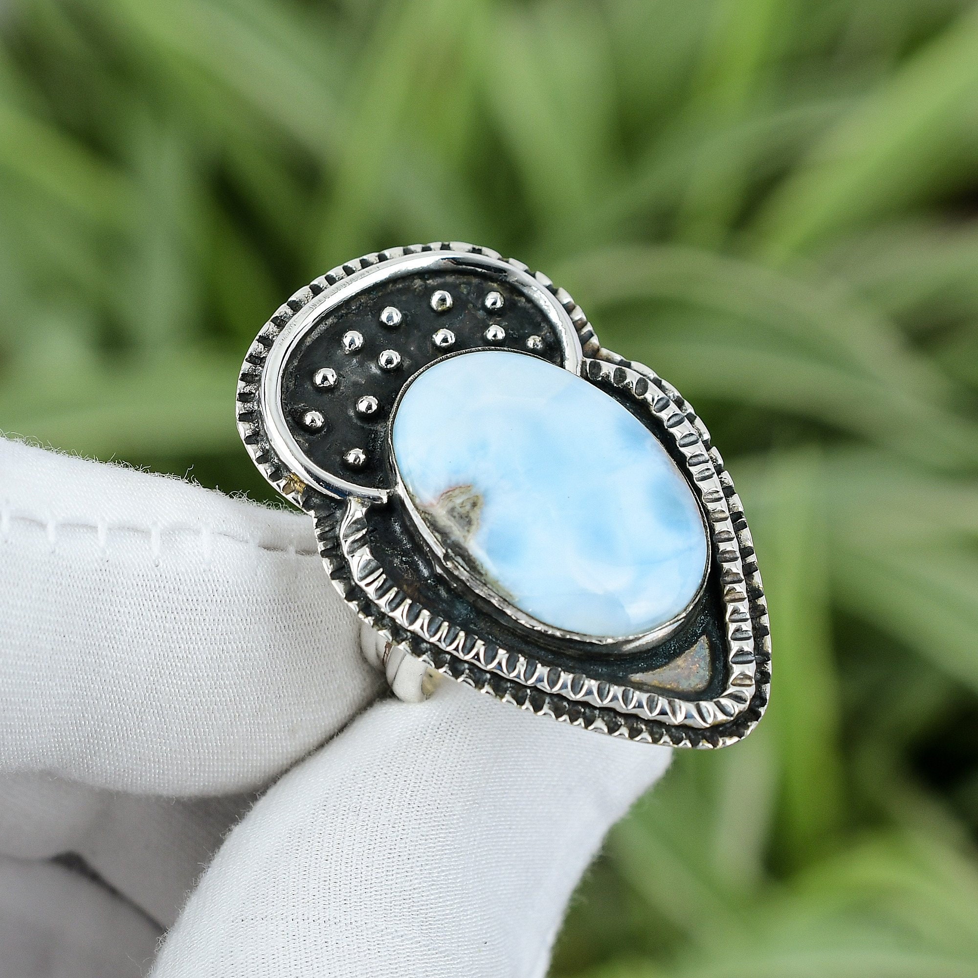 Handmade Larimar Ring: Oval Gemstone, 925 Sterling Silver, Size 7.75