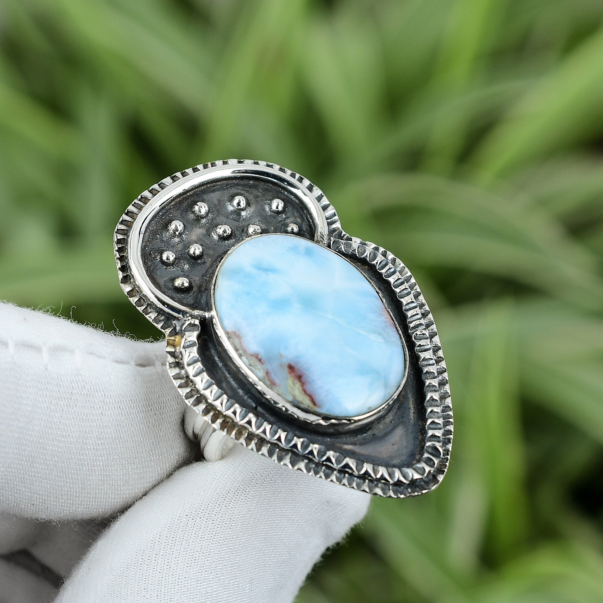 Handmade Larimar Ring: Oval Gemstone, 925 Sterling Silver, Size 8.25