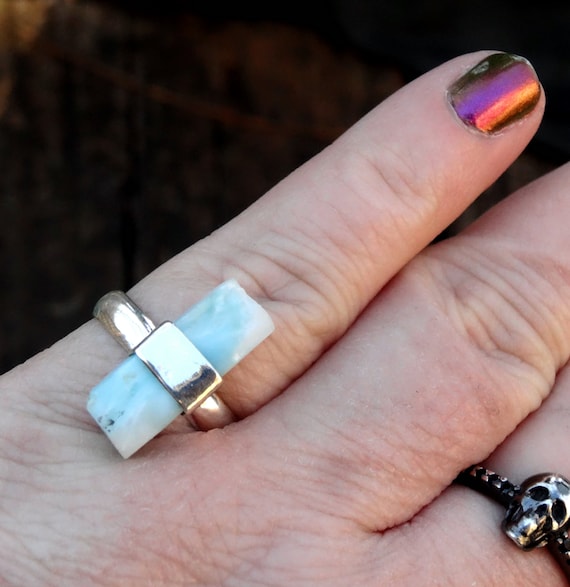 Handmade Raw Blue Larimar Ring: Sterling Silver, Natural Stone, Size 9