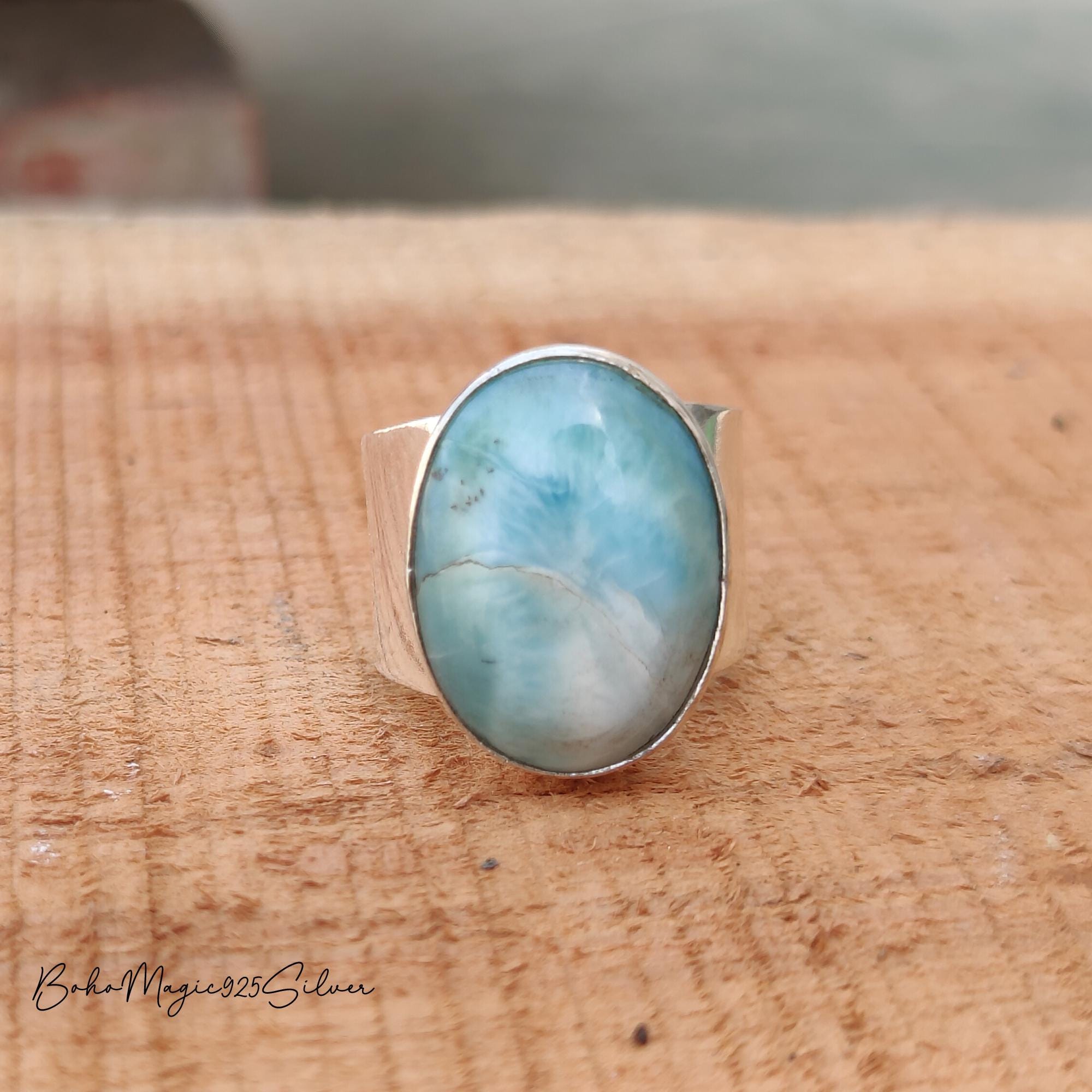 Handmade Larimar Ring: Sterling Silver Wide Band, Gemstone Jewelry