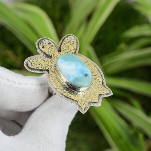 Handmade Larimar Turtle Ring: 925 Sterling Silver, 18K Gold Plated, Adjustable Handmade Larimar Turtle Ring: 925 Sterling Silver, 18K Gold Plated, Adjustable