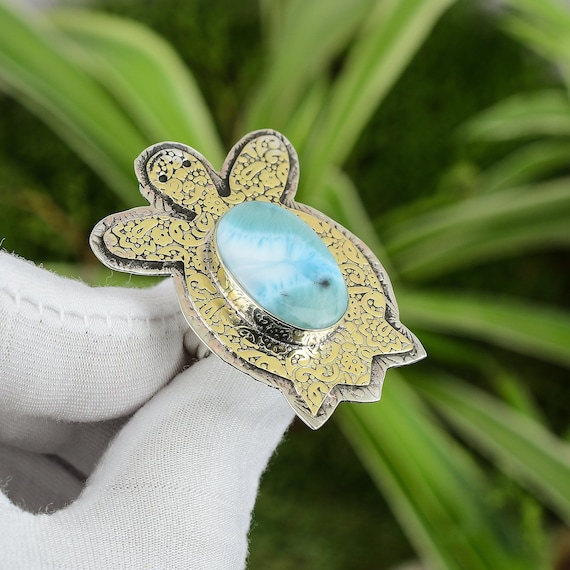 Handmade Larimar Turtle Ring: 925 Sterling Silver, 18k Gold Plated, Adjustable