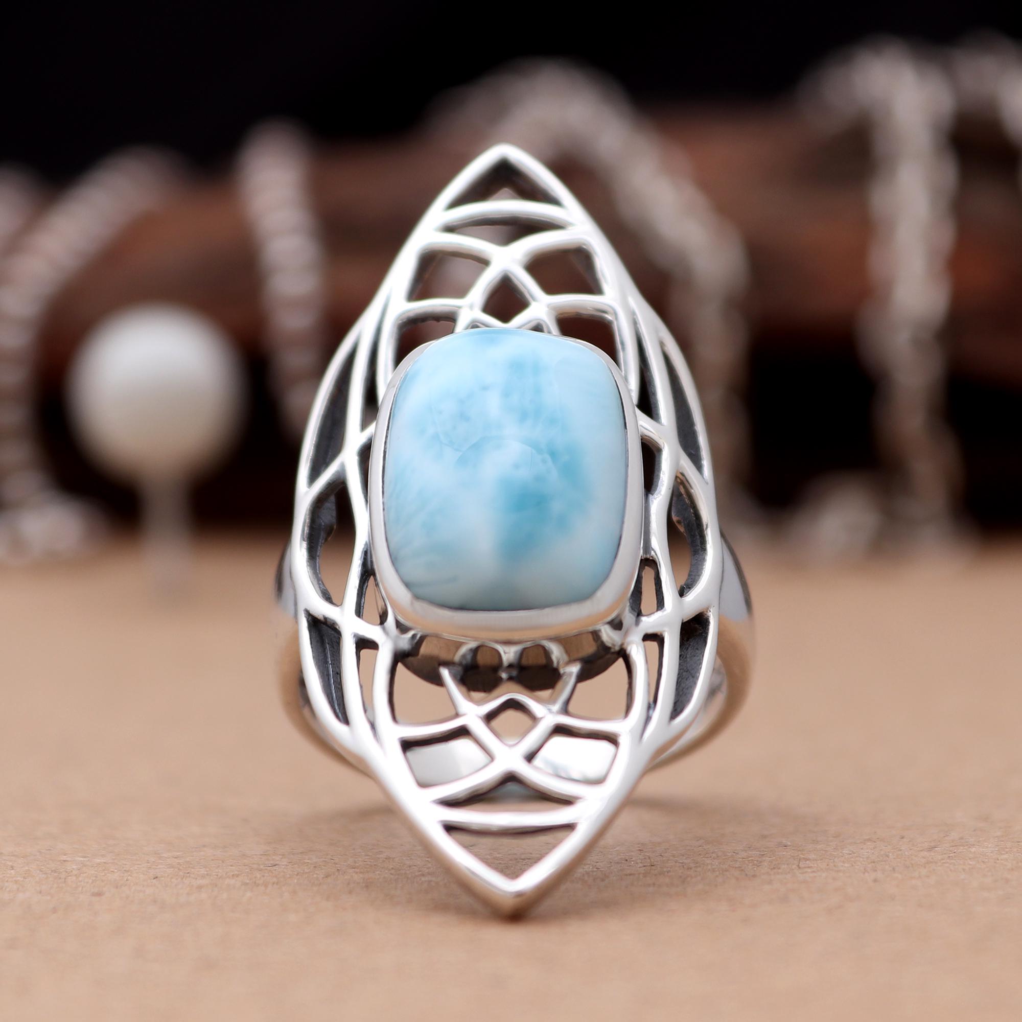 Natural Larimar Ring, 925 Sterling Silver Ring, Handmade Gemstone Jewelry, Boho Birthstone Statement Ring, Gift For Her