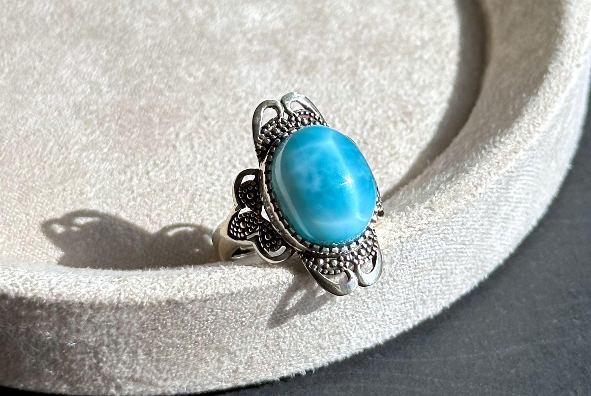 Natural Dominican High Quality Blue Larimar Silver Ring, Natural Larimar Ring, Silver Blue Larimar Ring, 天然高品质海纹石纯银戒指