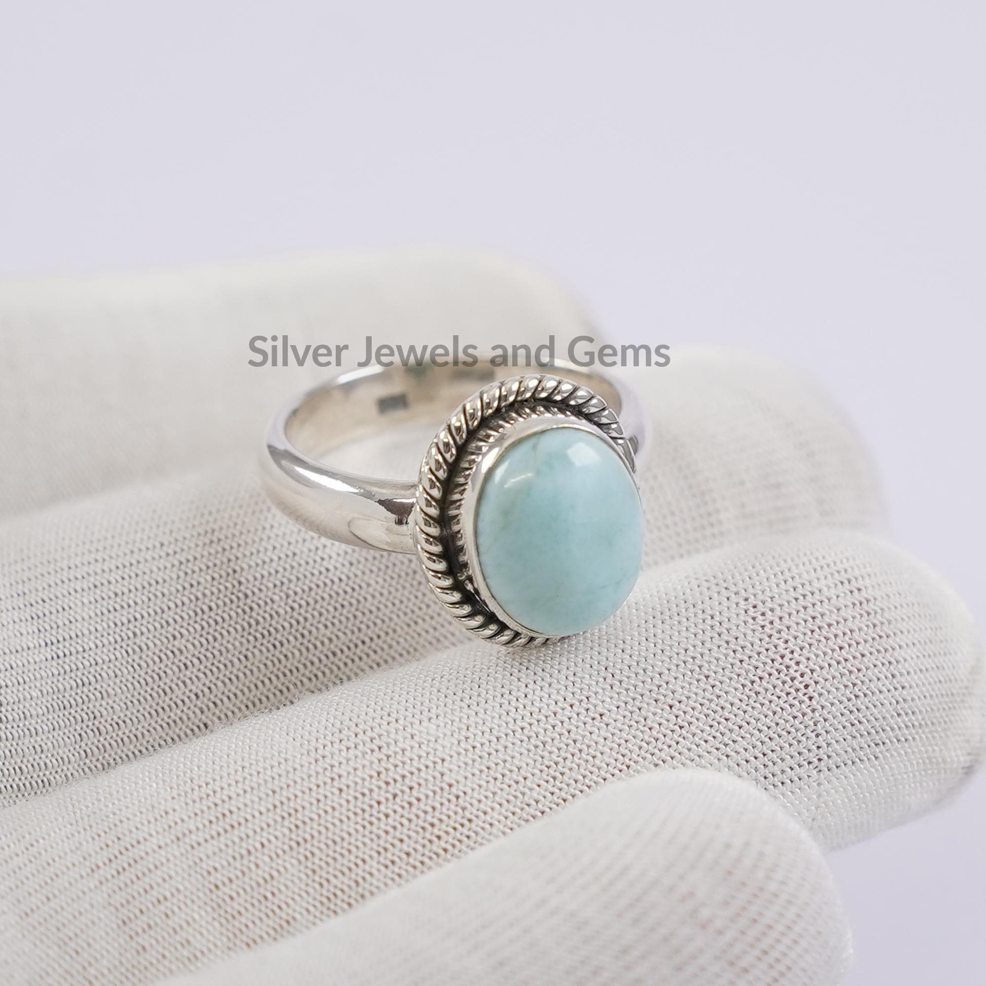 Natural Larimar Ring, Handmade Oval Gemstone Ring, 925 Sterling Silver Ring, Twisted Wire Ring, Birthday Ring