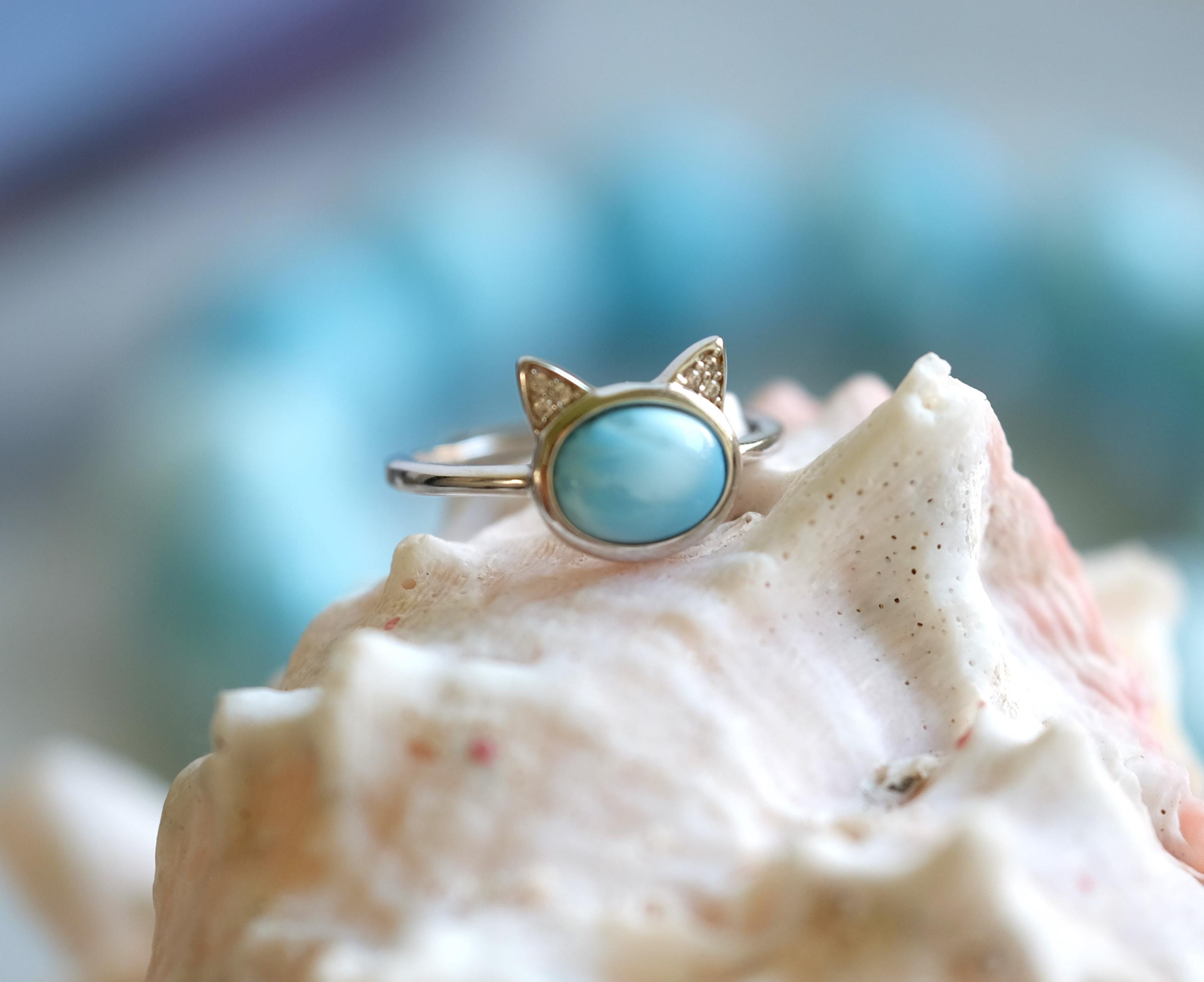 Oval Larimar Cat Pave Sterling Silver Adjustable Ring Dominican Republic