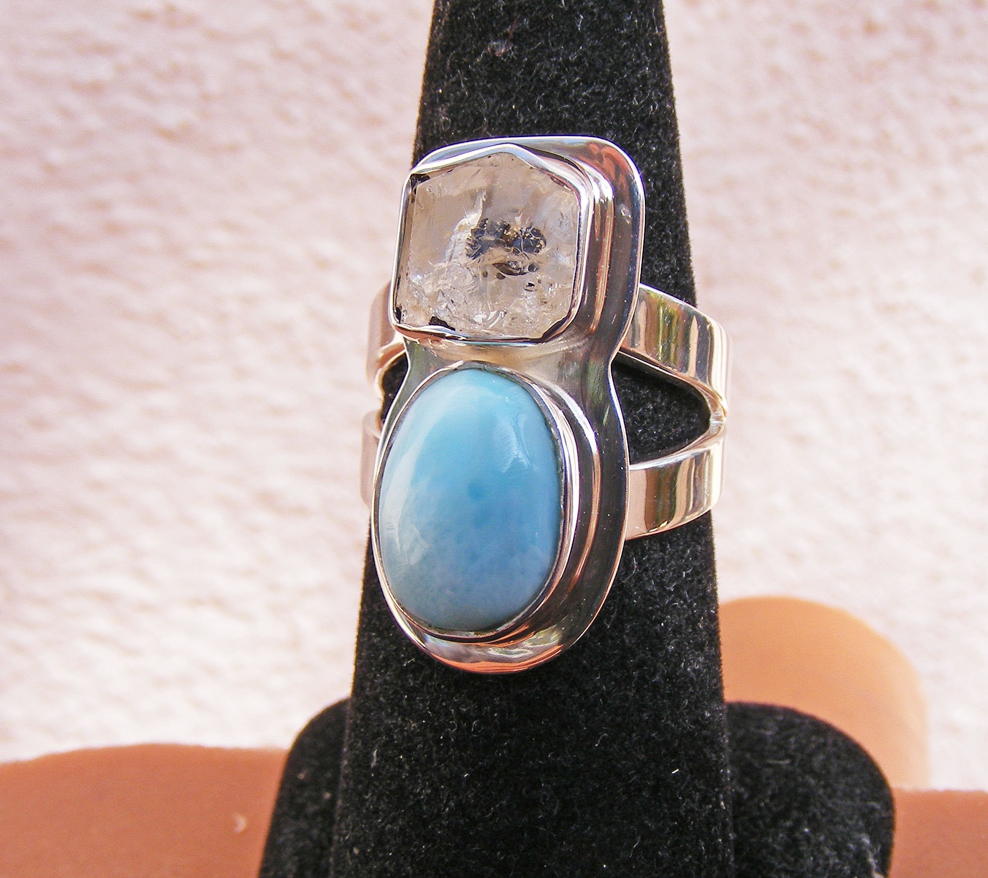Phenacite From Brazil, With Larimar Ring, Size 8, Rare And Unusual Combination, Beautiful Striking Colors, Sterling Silver