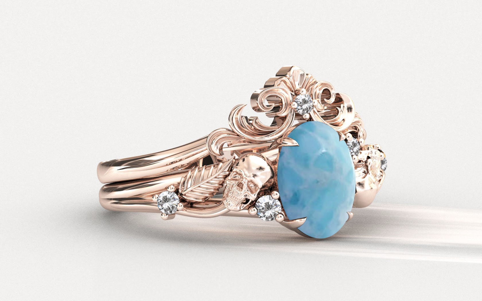 Vine Leaf Style Larimar Engagement Ring Set For Women Oval Cut Larimar Gemstone Ring Set Unique Promise Ring Art Deco Larimar Wedding Rings
