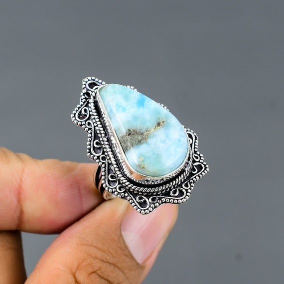Vintage Pear Larimar Ring: Sterling Silver Promise Ring, Size 9