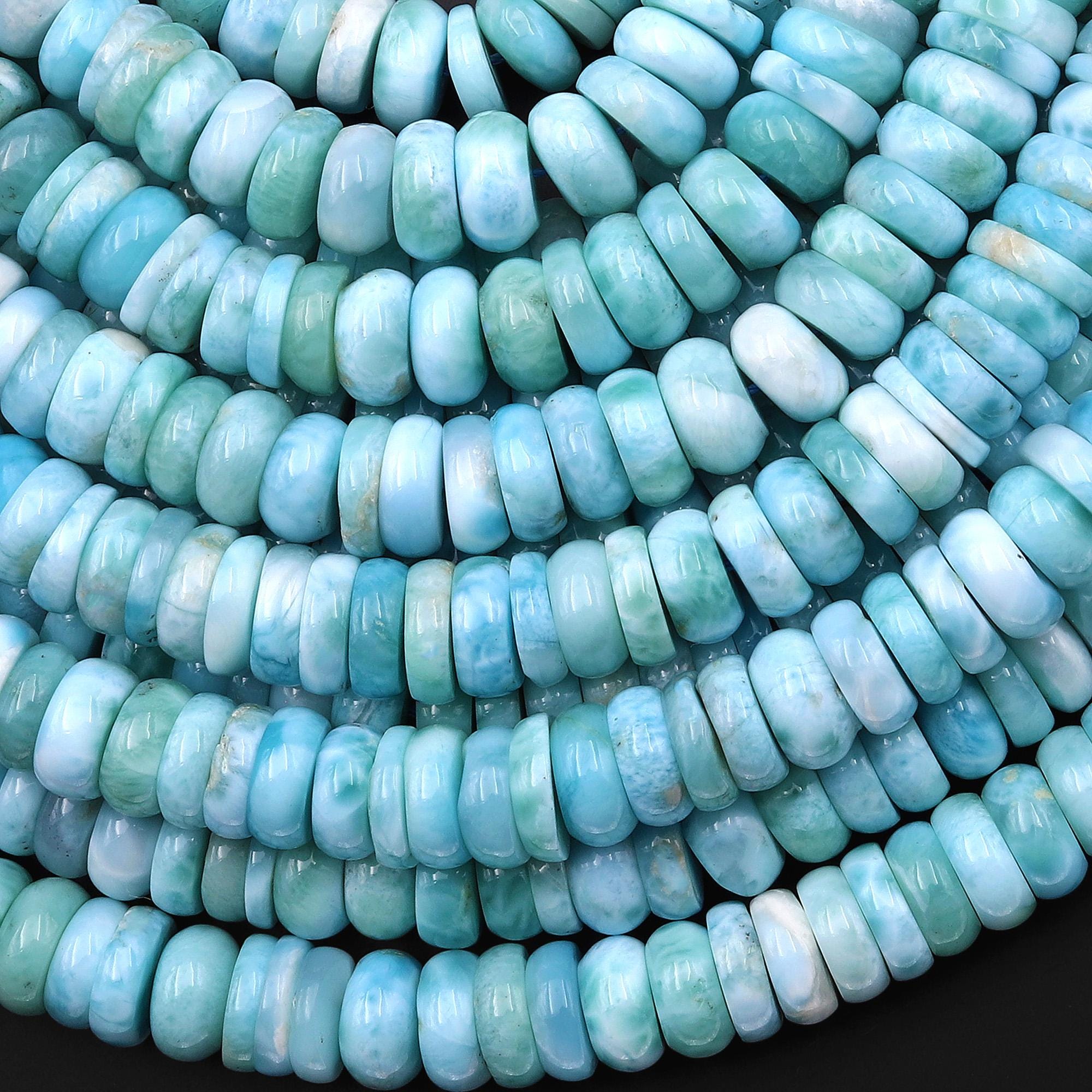 Aaa Large Natural Blue Larimar Beads Smooth 9mm 10mm Heishi Rondelle Gemstone 15.5" Strand
