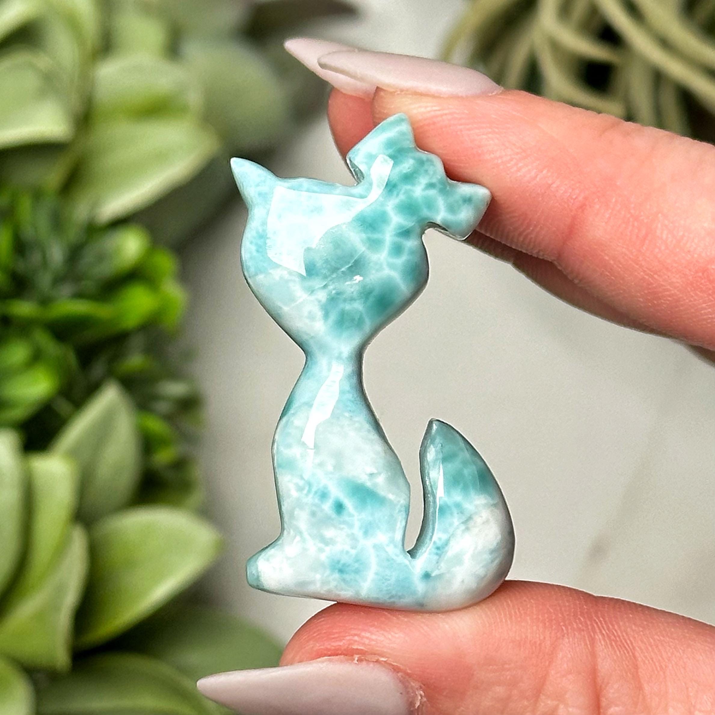 Larimar Cat | 11g | - #3 (polished Blue Crystal Carving, Throat Chakra, Peace, Ocean)