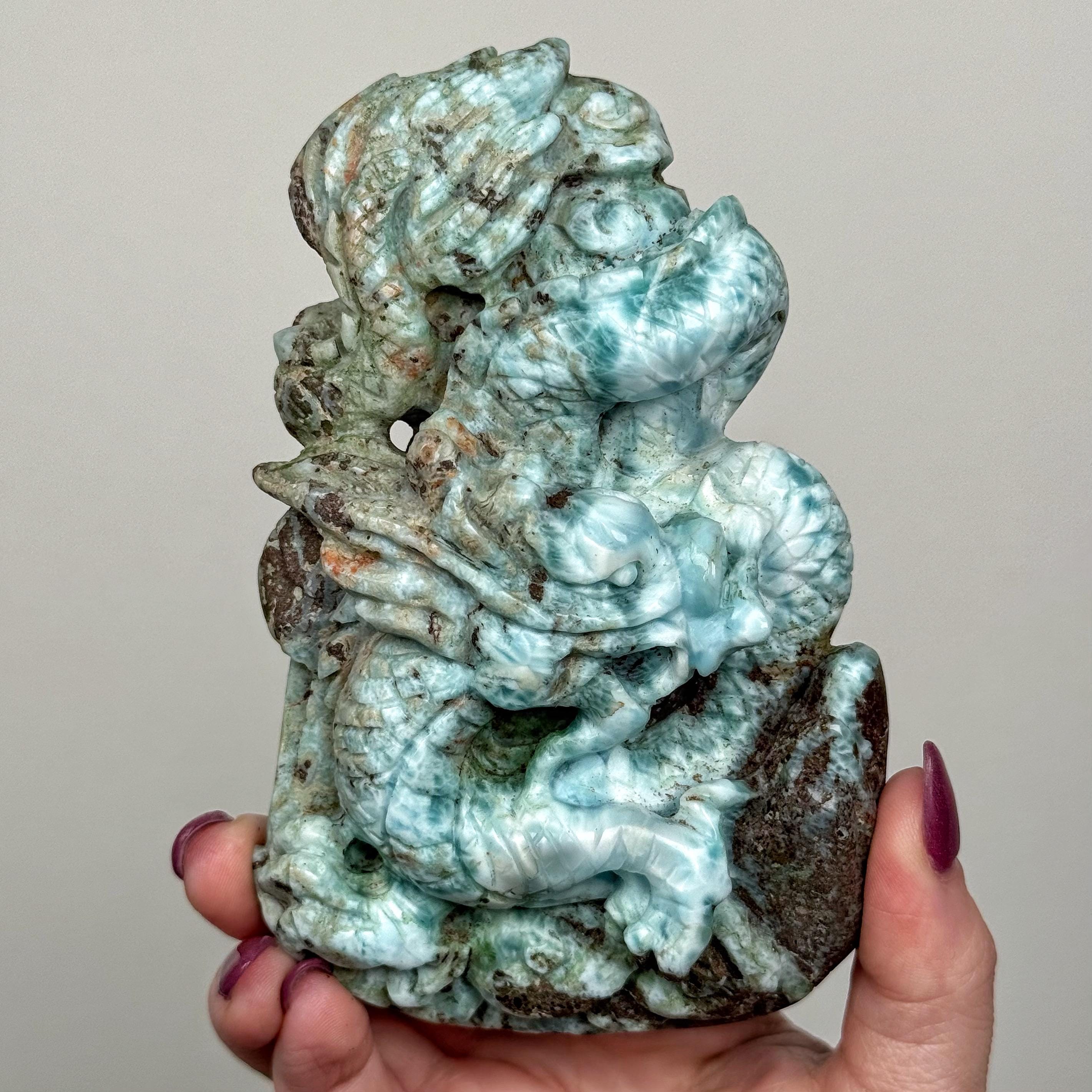 Larimar Dragon | 342g | - #s68 (polished Blue Crystal Carving, Throat Chakra, Peace, Ocean)