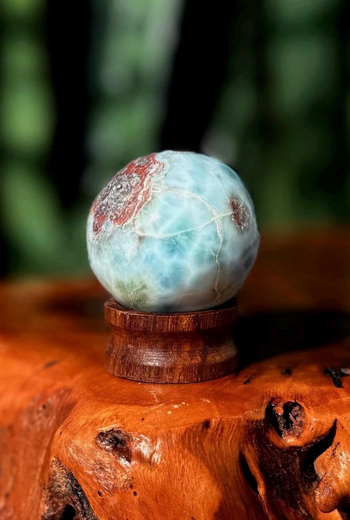 Larimar Sphere With Wooden Stand – Throat Chakra, Soulmate Crystal Larimar Sphere With Wooden Stand – Throat Chakra, Soulmate Crystal
