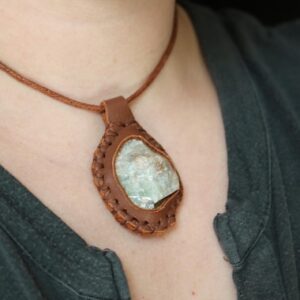 Leather Wrapped Green Calcite Crystal Keychain or Pendant Necklace - Unique Handmade Boho Jewelry Leather Wrapped Green Calcite Crystal Keychain or Pendant Necklace - Unique Handmade Boho Jewelry
