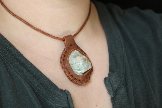 Leather Wrapped Green Calcite Crystal Keychain Or Pendant Necklace - Unique Handmade Boho Jewelry