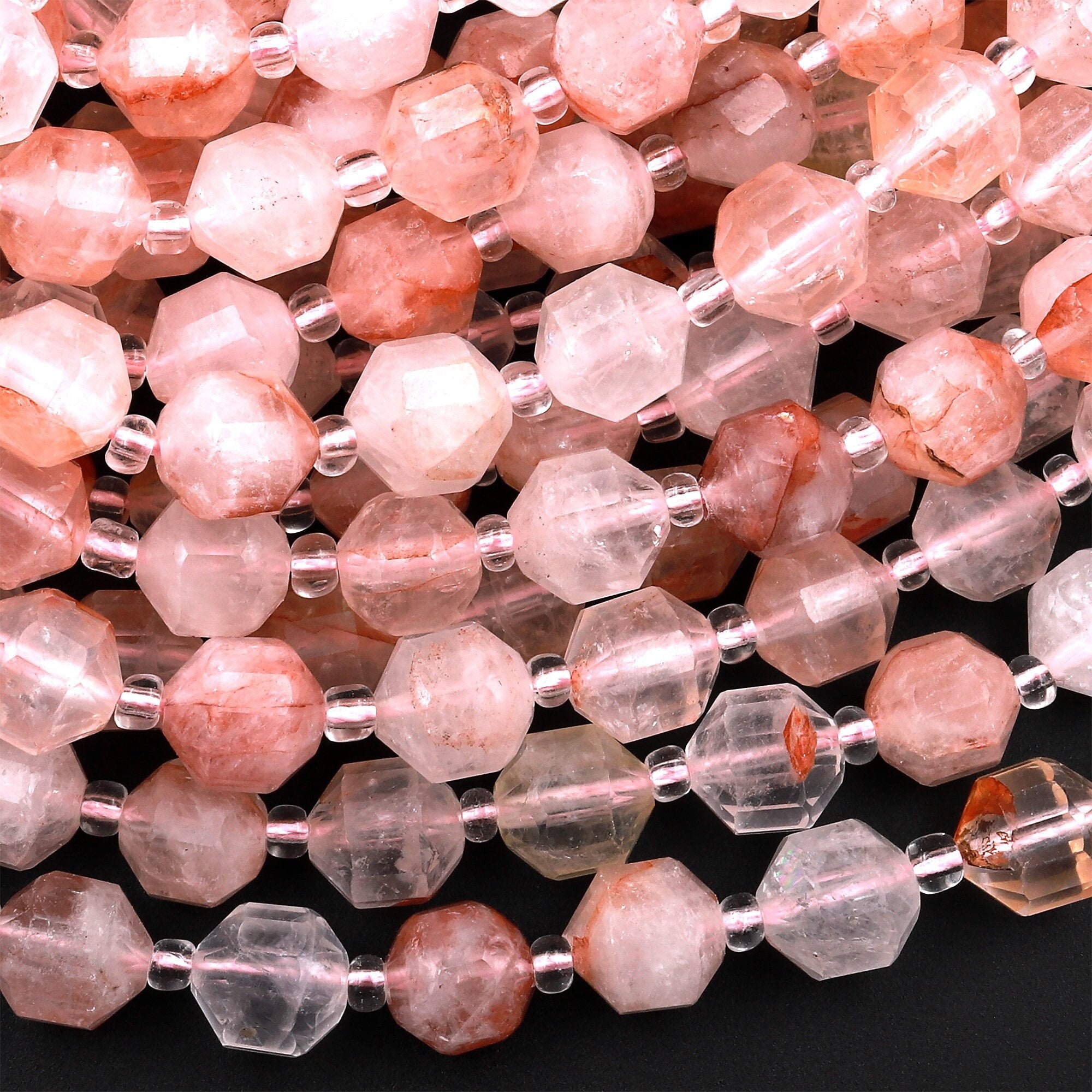 Faceted Natural Lepidocrocite Quartz 8mm 10mm Beads Energy Prism Double Terminated Point Cut 15.5" Strand