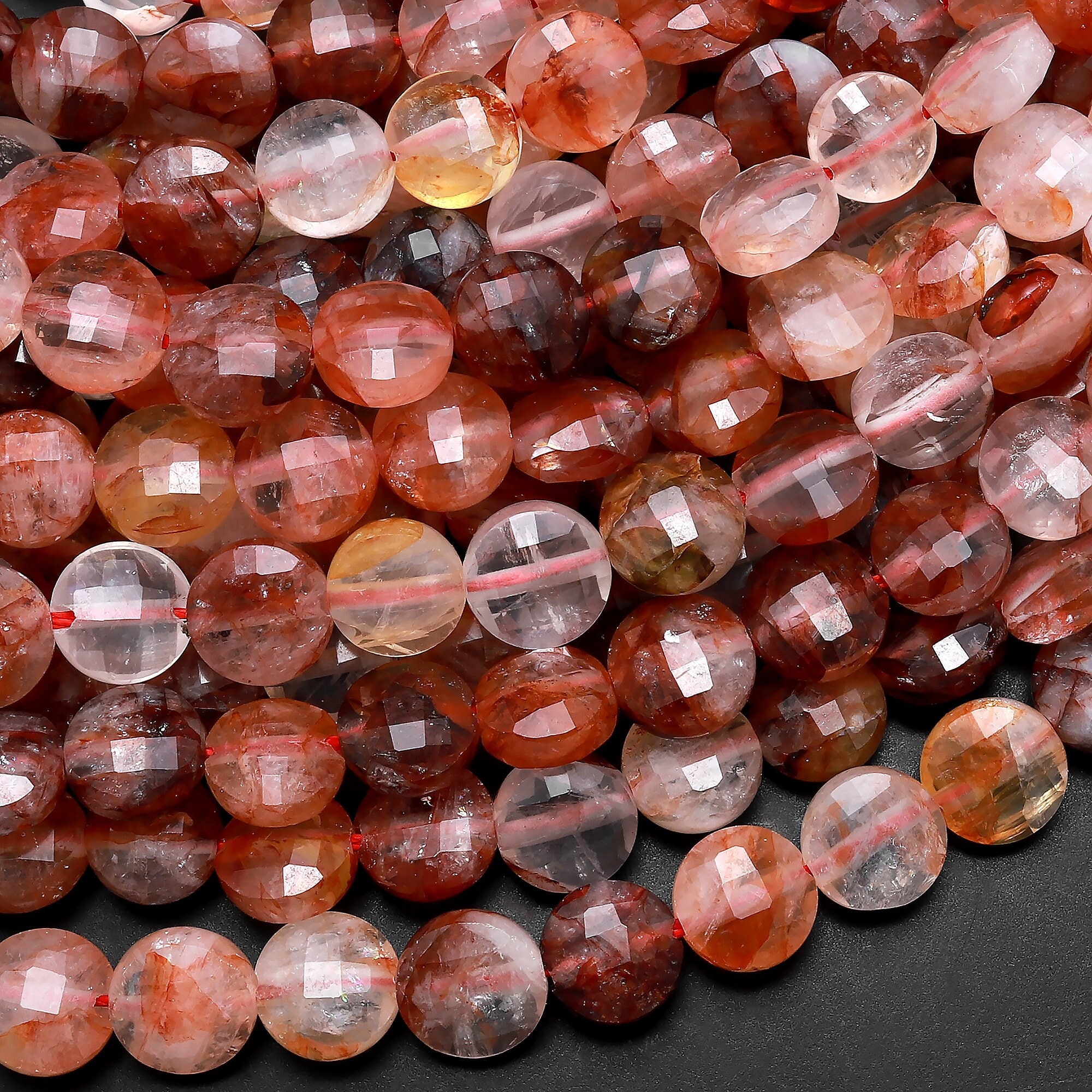 Natural Red Lepidocrocite Quartz Faceted 8mm Coin Beads 15.5" Strand