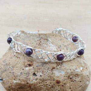 Lepidolite cuff bracelet. Celtic knot bracelet. Purple Crystal Reiki jewelry uk. Libra jewelry. Celtic weave Brass Wire wrap bracelet