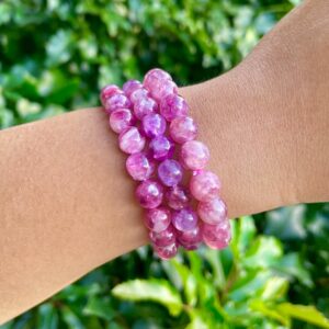 Flashy Berry Lepidolite Crystal Bracelet: Pink Purple Lepidolite Gemstone Round Bead