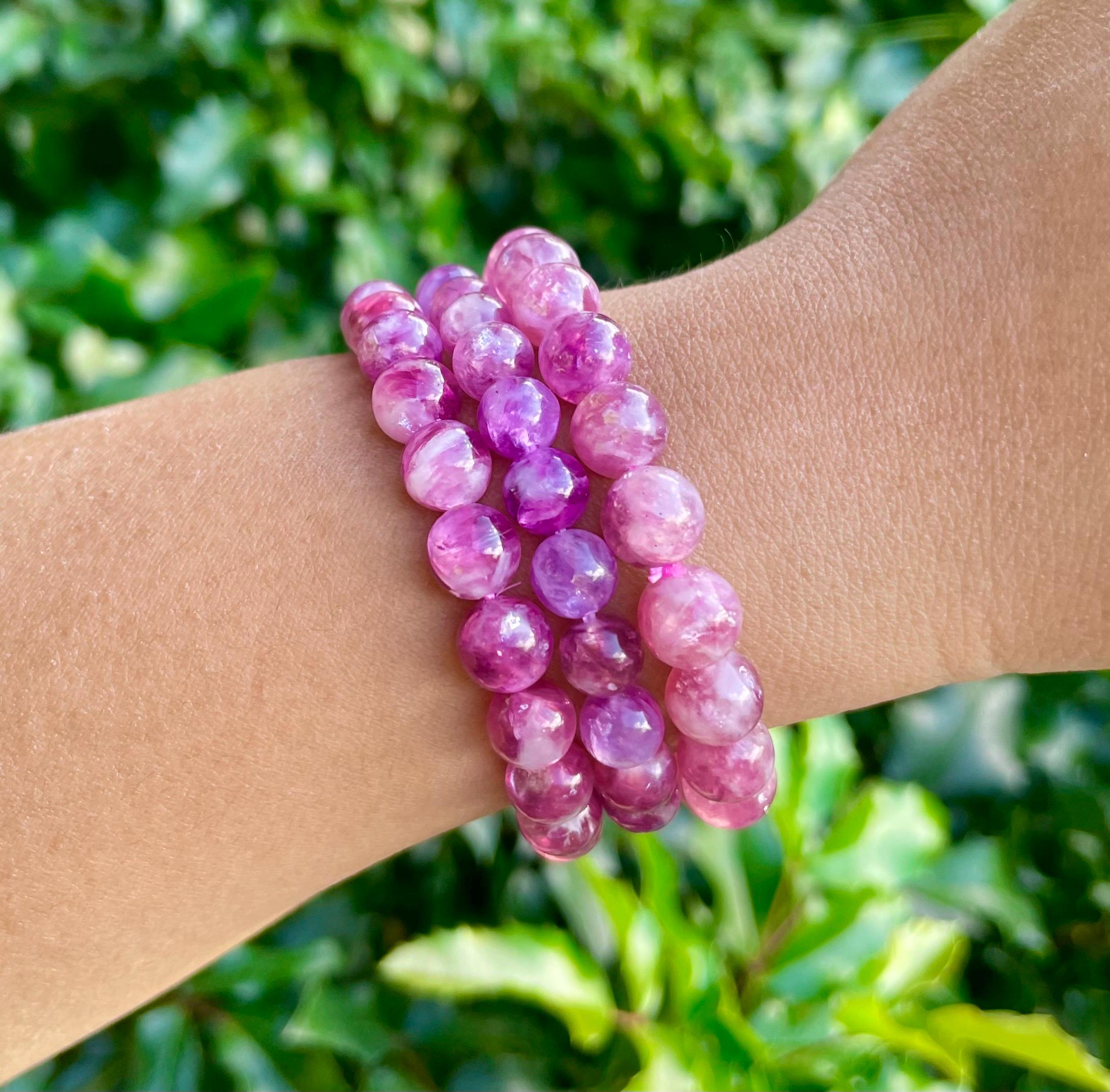 Flashy Berry Lepidolite Crystal Bracelet: Pink Purple Lepidolite Gemstone Round Bead