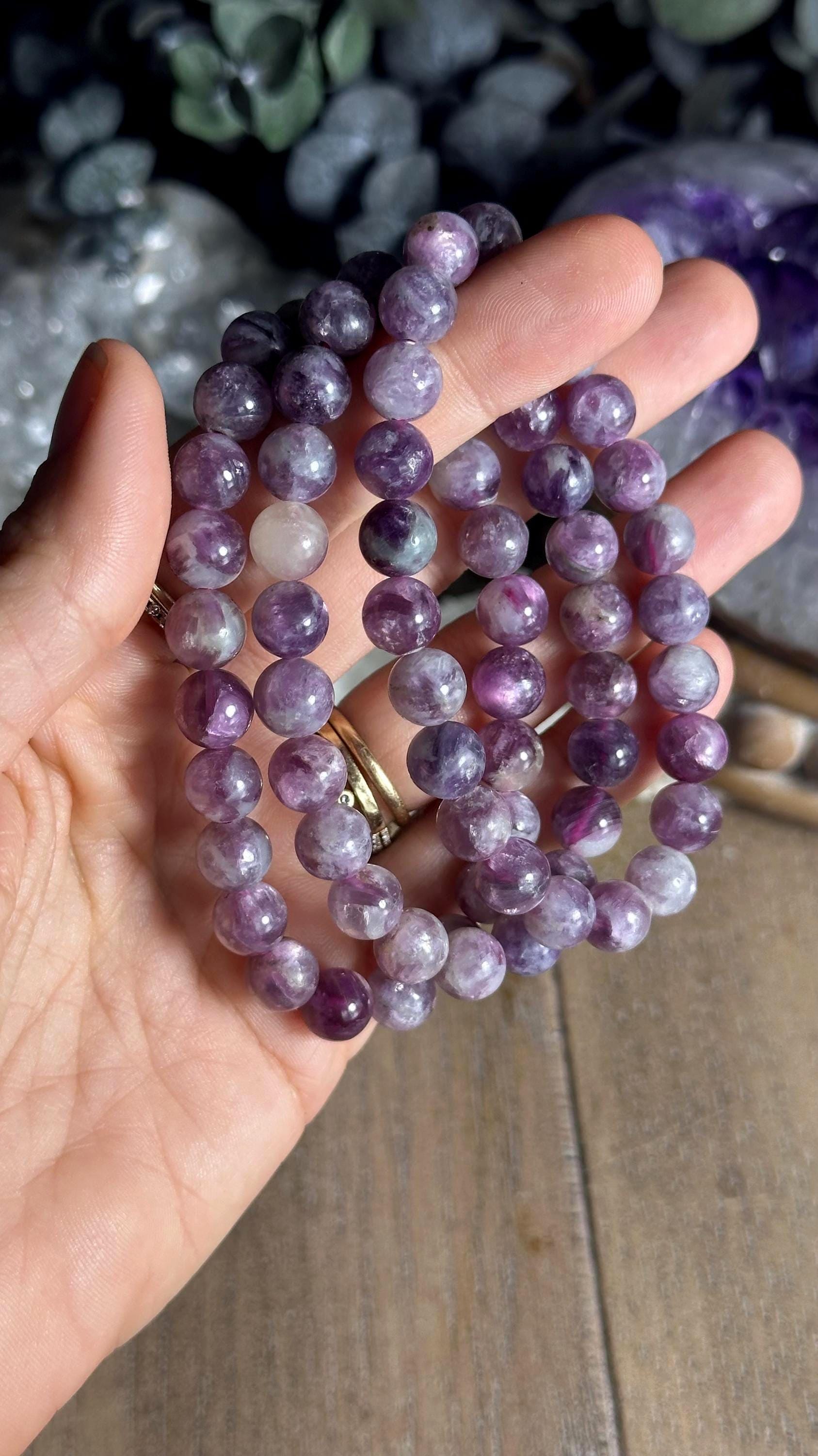Flashy Gem Lepidolite Crystal Bead Bracelet, 8mm