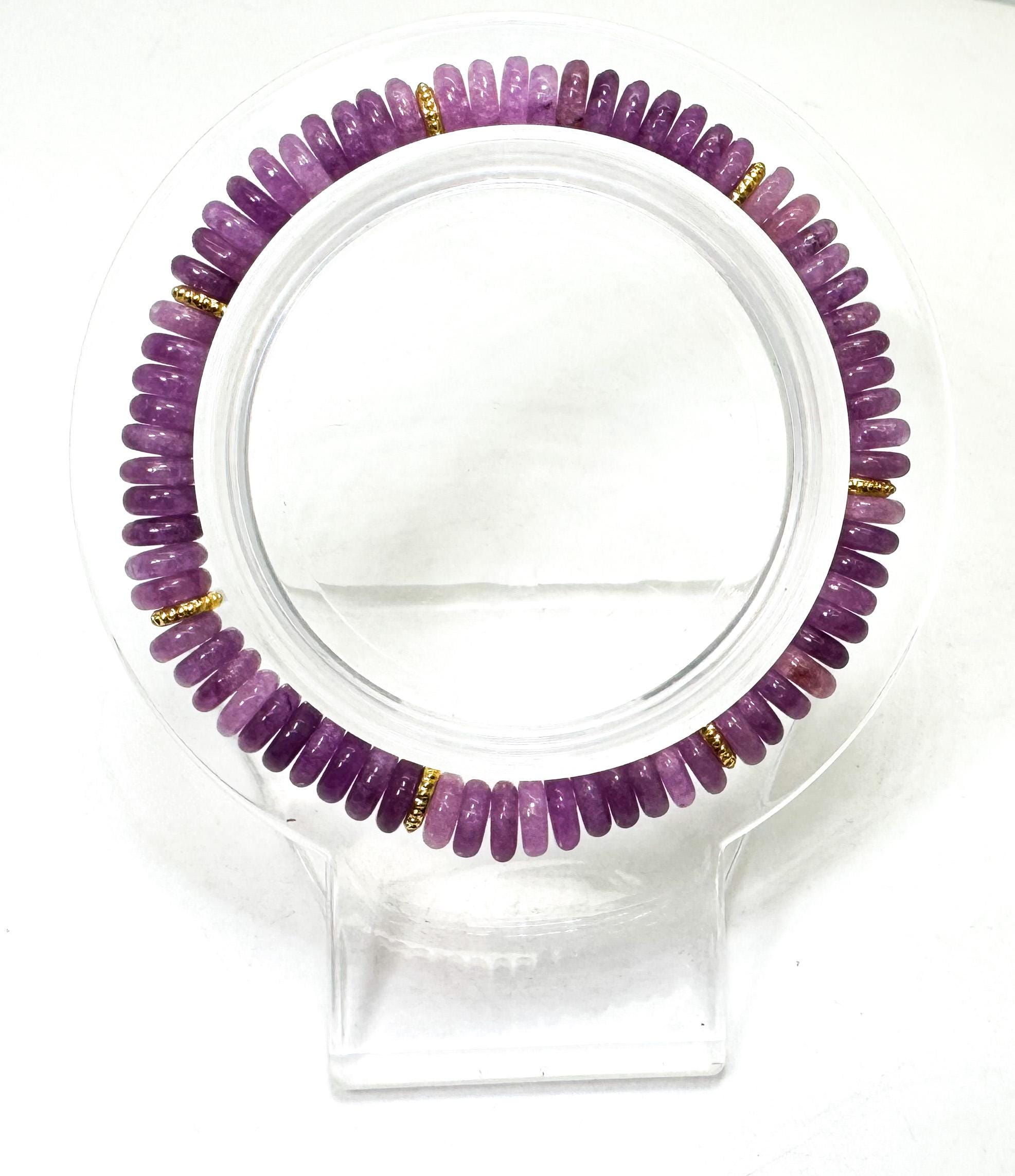 Handmade Purple Lepidolite Rondelle Bracelet 6.5" – 6mm Gemstone Beads With Gold Spacers - Pgb8r28