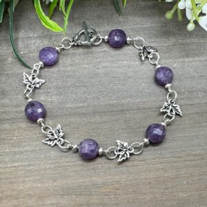 Healing Change Bracelet | Genuine Lepidolite Faceted Coin Bead Bracelet With Leaf Motif Toggle Clasp