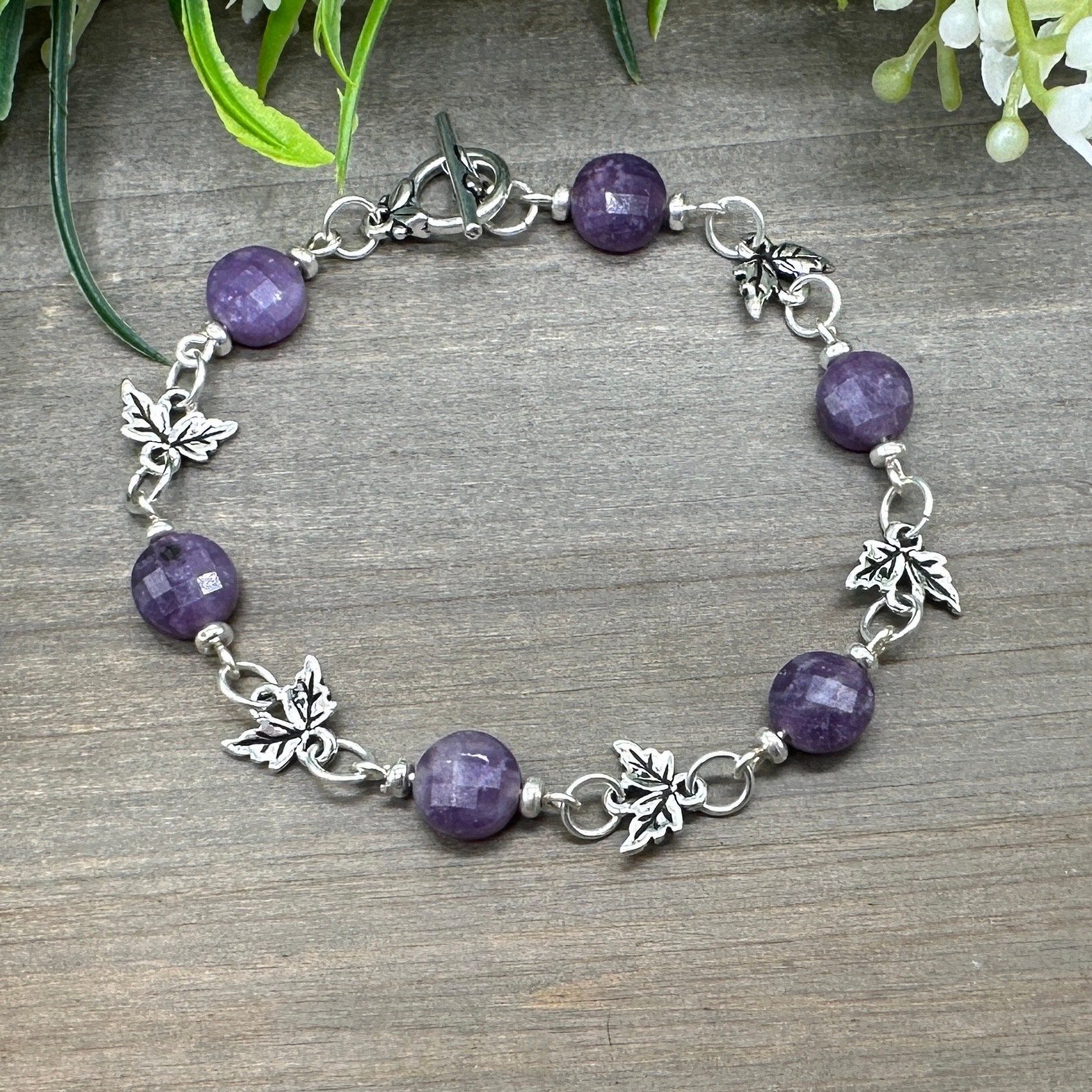 Healing Change Bracelet | Genuine Lepidolite Faceted Coin Bead Bracelet With Leaf Motif Toggle Clasp