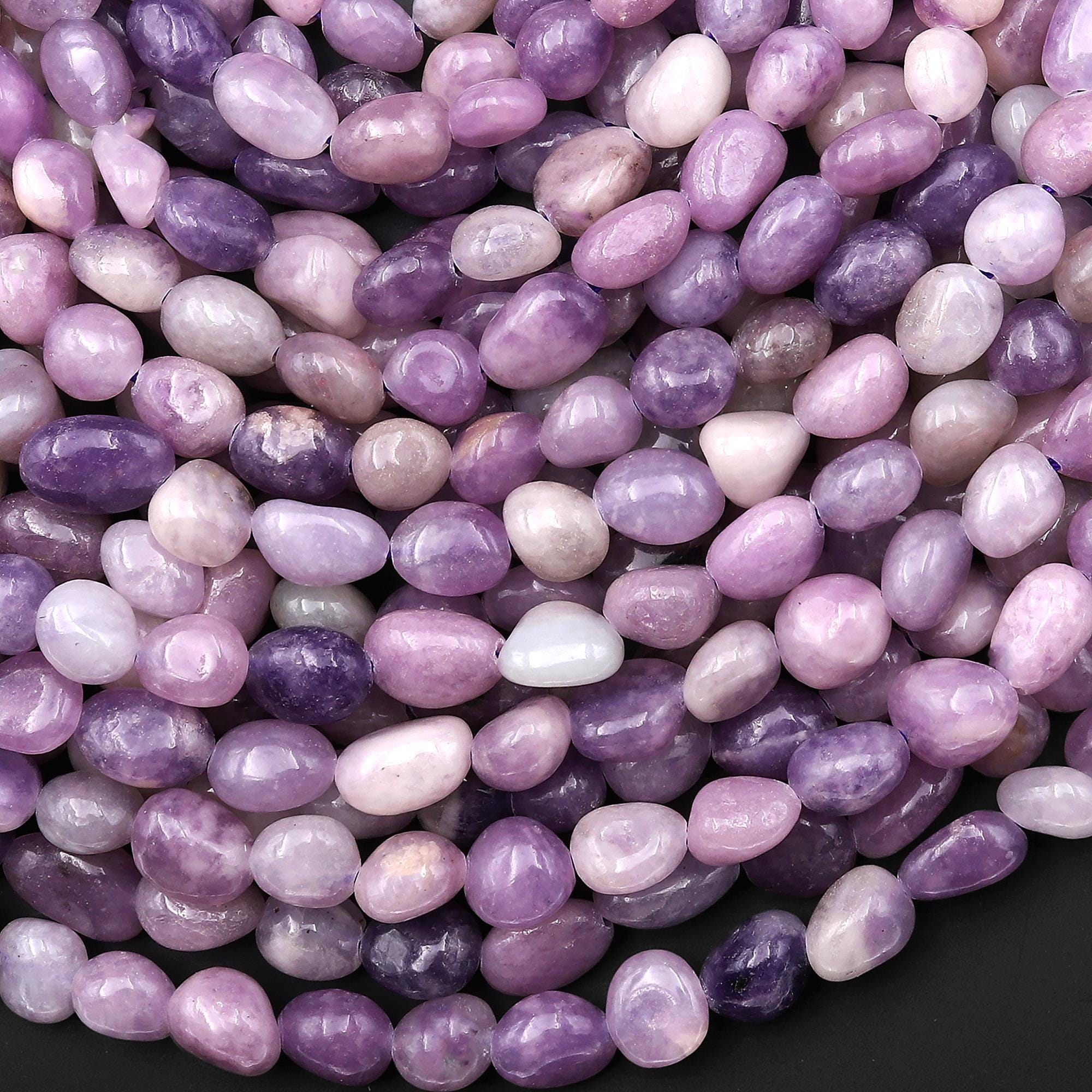 Natural Purple Lepidolite Rounded Oval Pebble Nugget Beads 15.5" Strand
