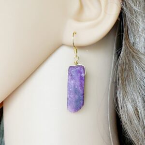Lepidolite Crystal Dangle Earrings: Sterling Silver, Gold Plated Lepidolite Crystal Dangle Earrings: Sterling Silver, Gold Plated