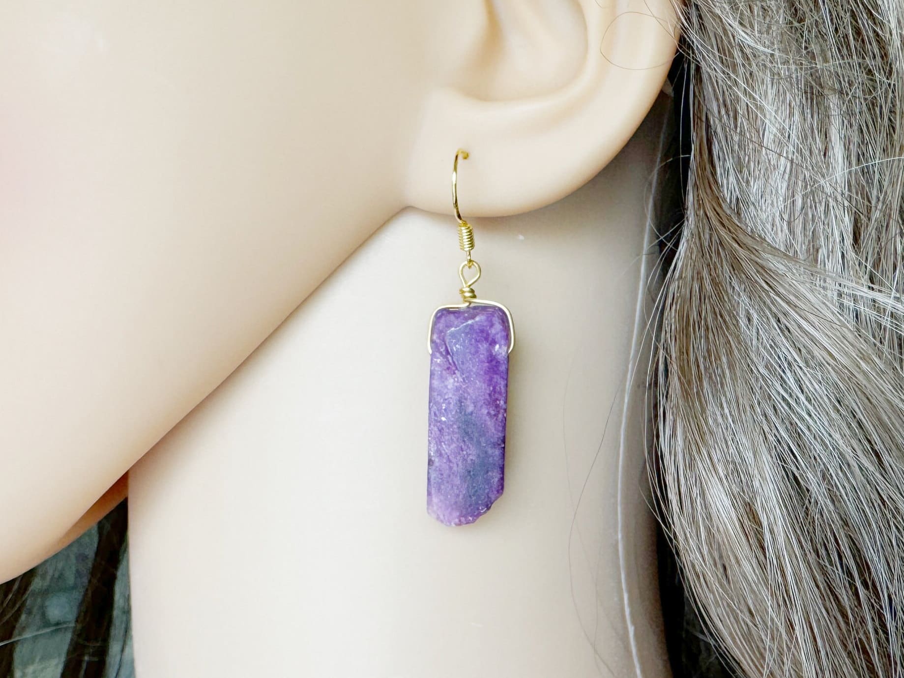 Lepidolite Crystal Dangle Earrings: Sterling Silver, Gold Plated