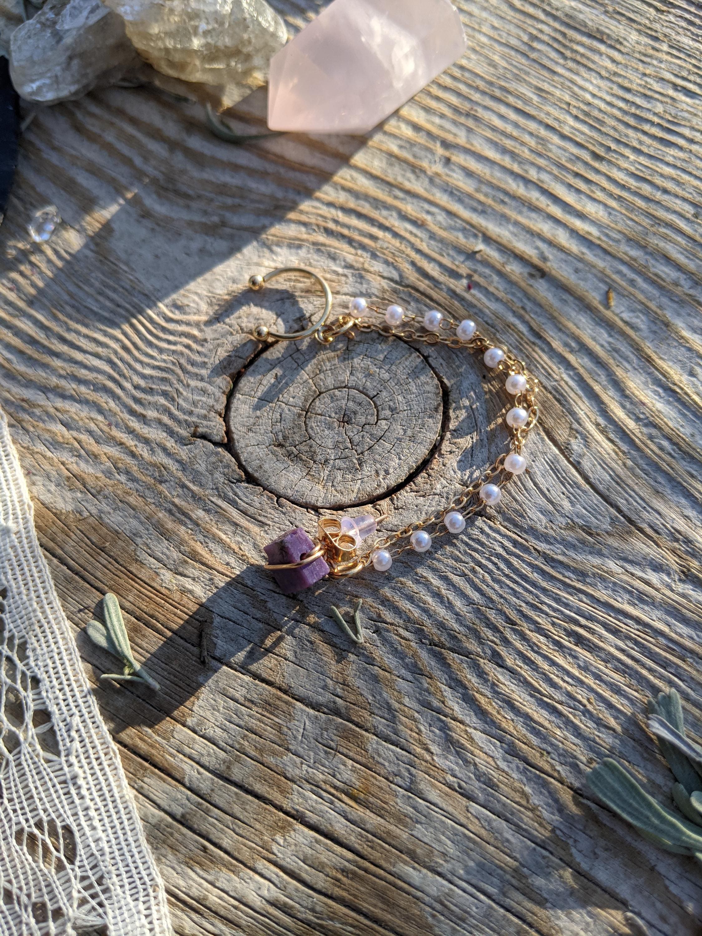 Lepidolite Crystal Stud Earring And Cuff On Chain Combination, Lepidolite Studs, Lepidolite Earring, Crystal Studs, Purple Lepidolite Crysta