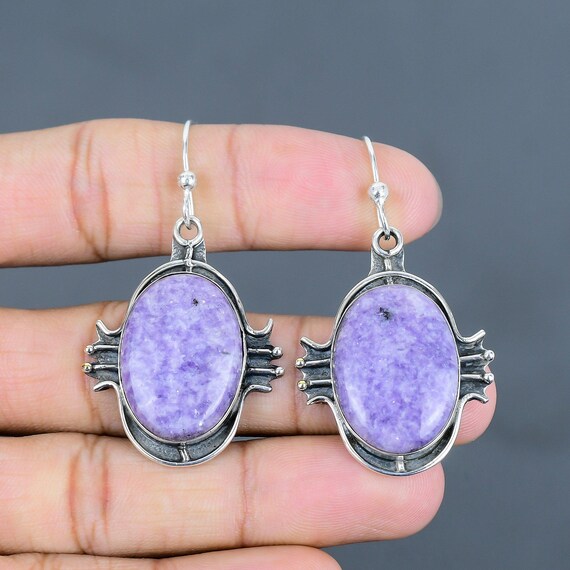 Handmade Lepidolite Drop Earrings: 925 Sterling Silver Gemstone Jewelry
