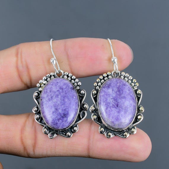 Handmade Lepidolite Earrings: Oval 925 Sterling Silver Gemstone Jewelry
