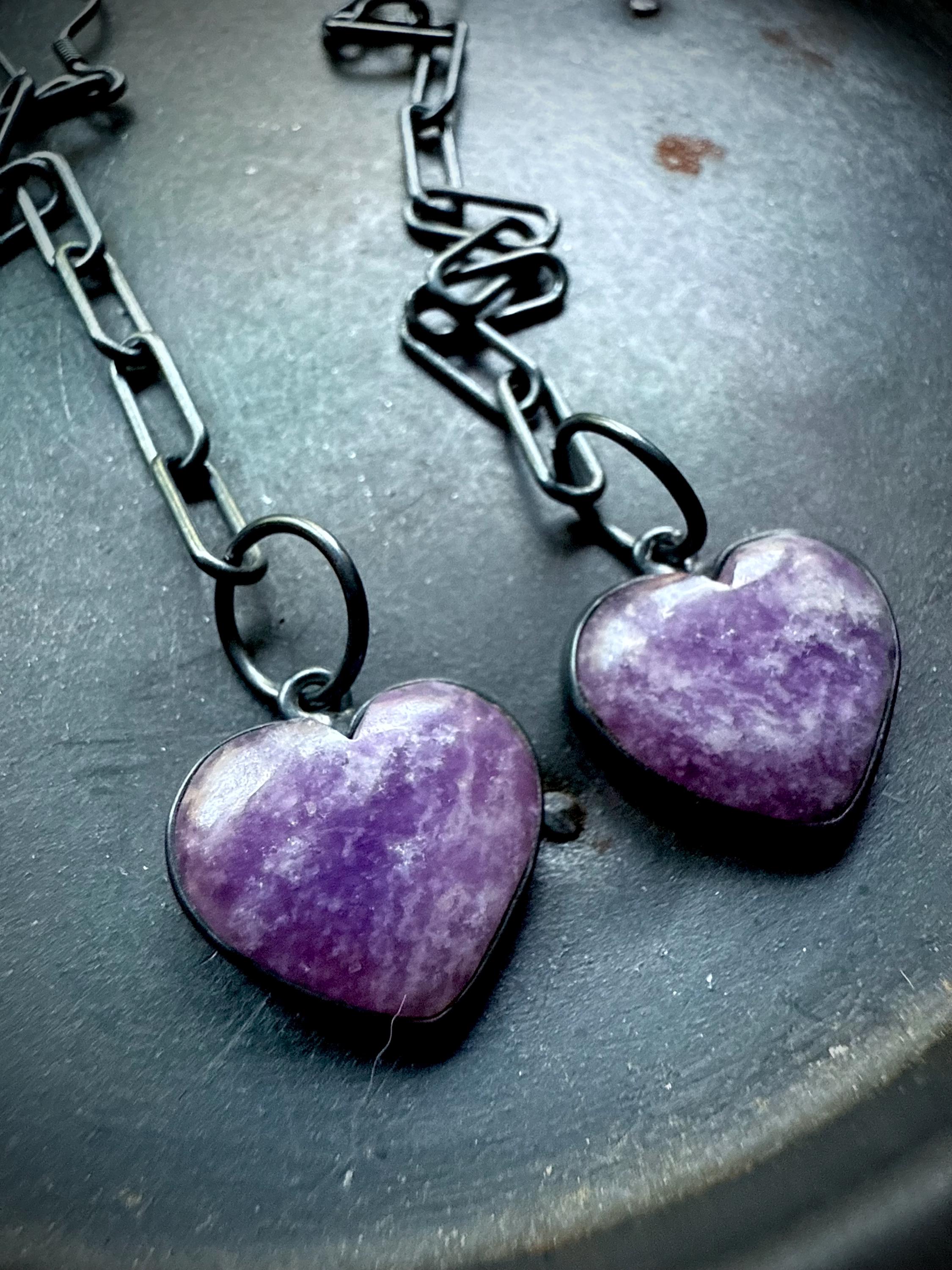 Lepidolite Earrings, Heart Earrings, Long Earrings, Dangle Earrings