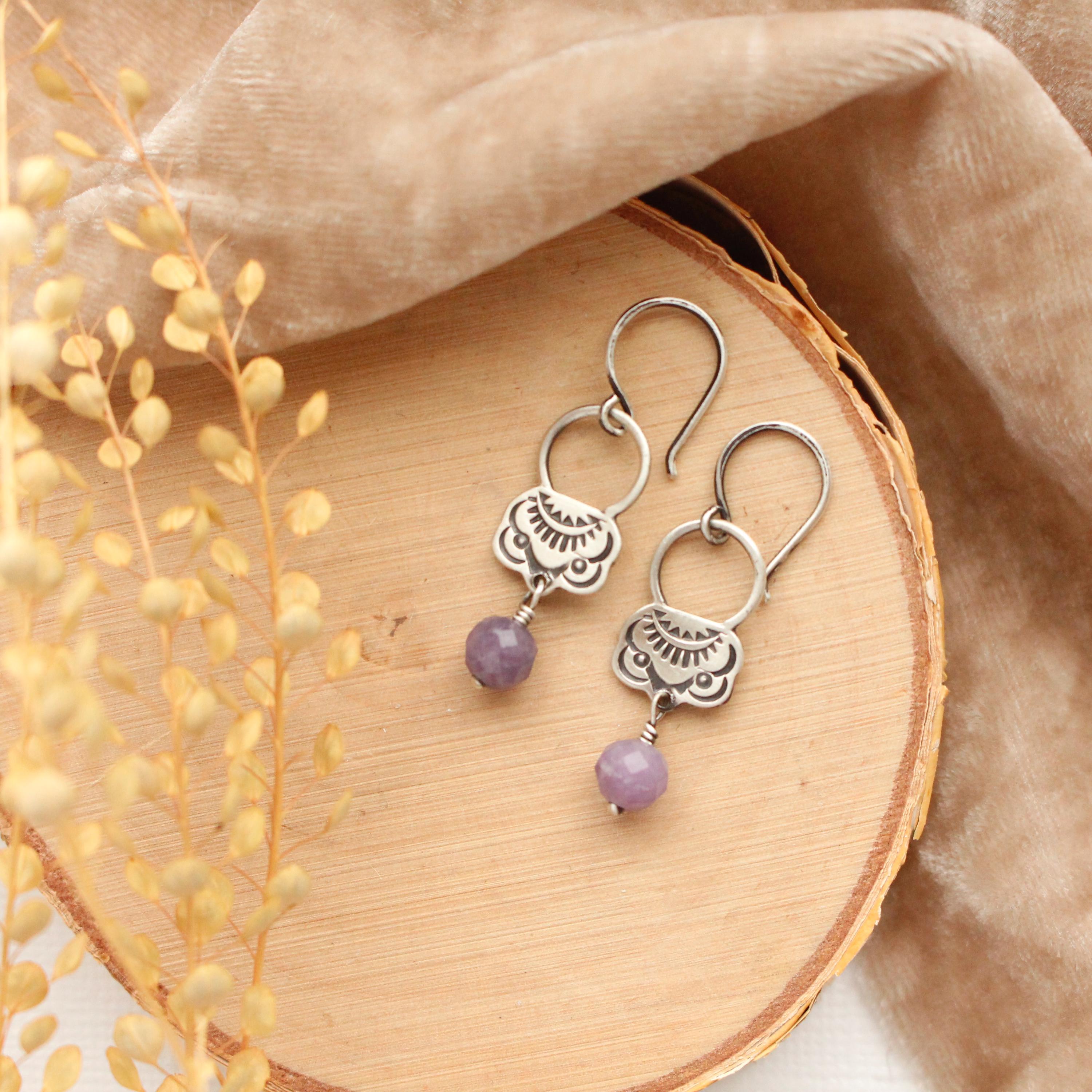 Jolie Lepidolite Earrings, Romantic Silver Earrings, Dainty Gemstone Earrings, Lavender Stones, Elegant Handmade Earrings