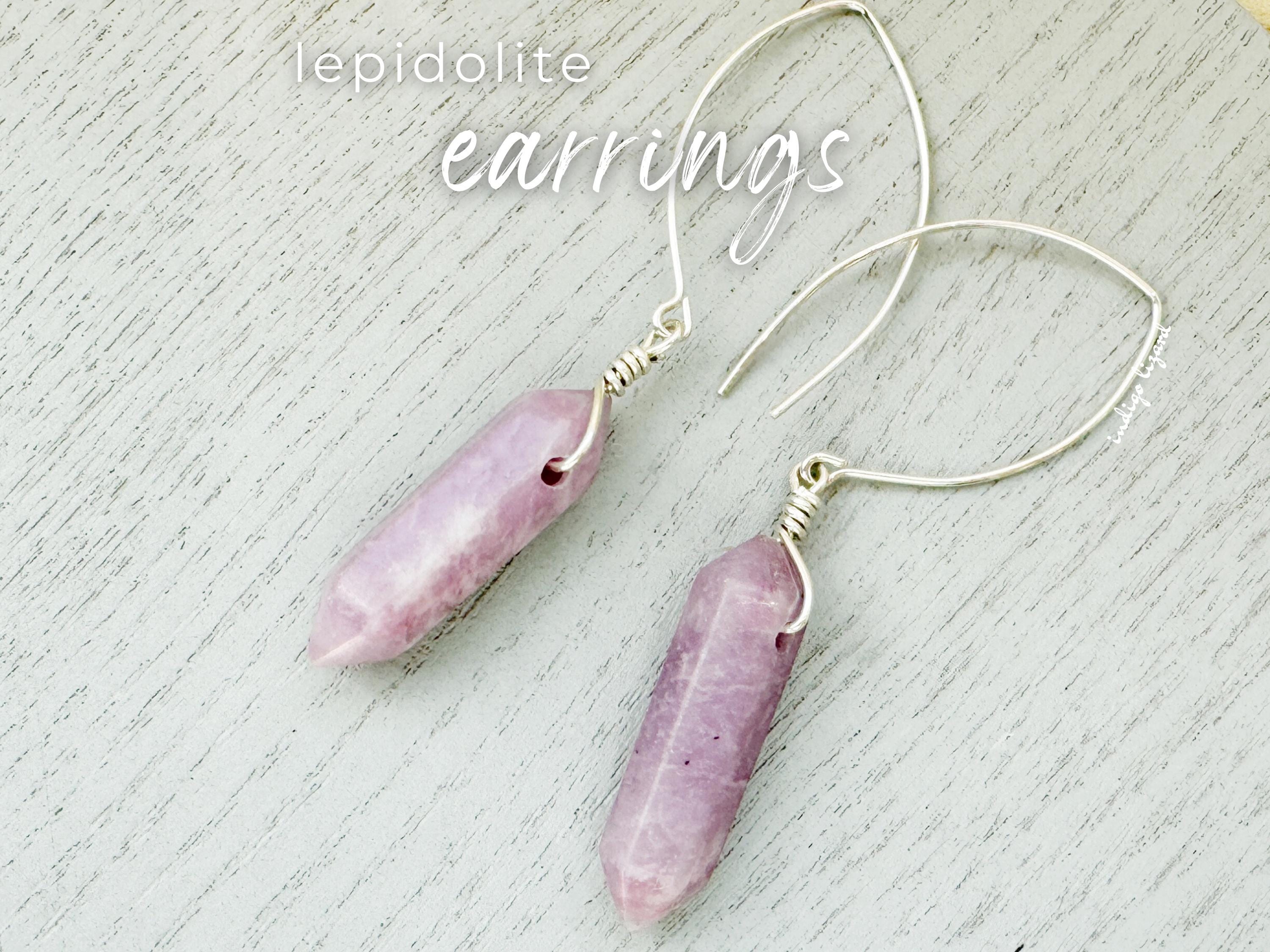 Raw Lepidolite Crystal Earrings: Sterling Silver Dangle Earrings