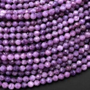 Micro Faceted Natural Rich Mauve Purple Lepidolite Faceted Round 3mm 4mm Beads 15.5" Strand